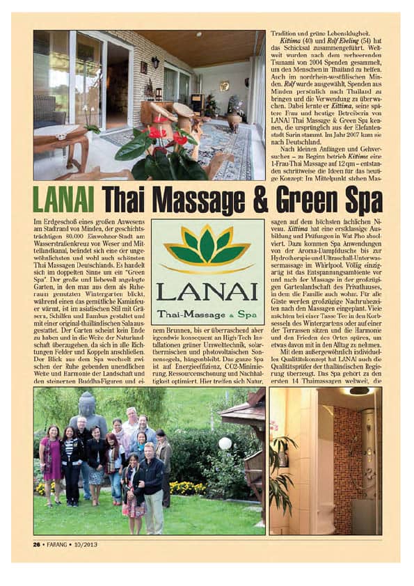 Medien Bericht im FARANG über LANAI green SPA