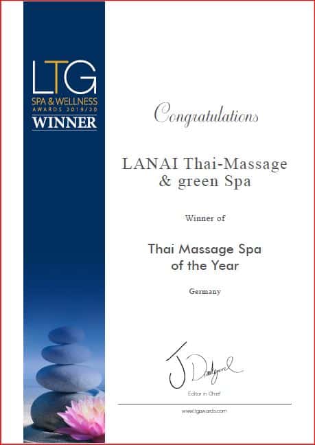 Urkunde - Auszeichnung Luxury Travel Guide Award für Lanai Thai SPA als Thaimassage SPA of the YEAR 2020