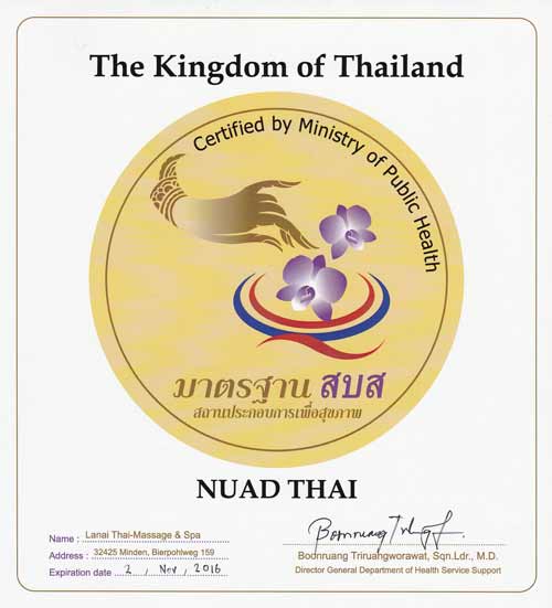 Urkunde des AWARD Nuad Thai Spa der thailändischen Regierung für Qualität