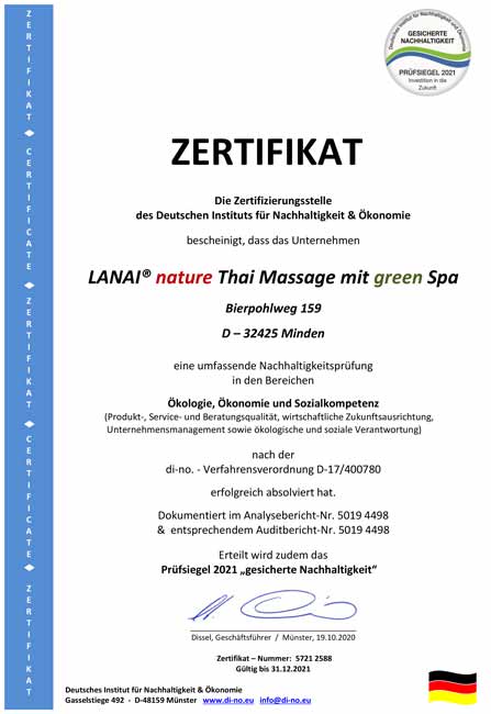 Zertifikat für Nachhaltigkeit 2021 Lanai SPA